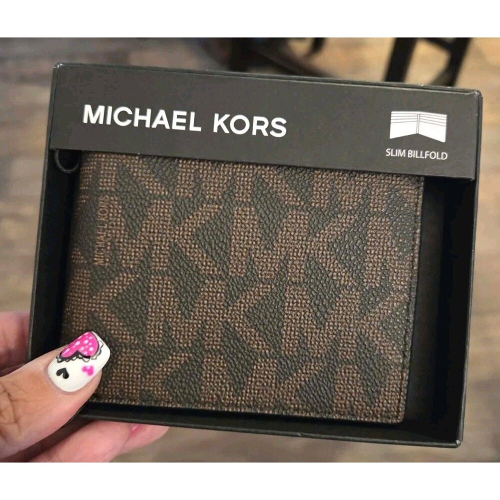 Michael Kors Jet Set Men's Slim Bifold Wallet Brown/Black MK Logo Pattern